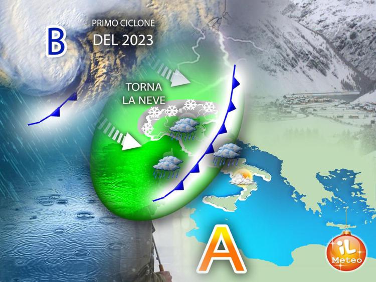 Arriva il primo ciclone del 2023, tornano pioggia e neve