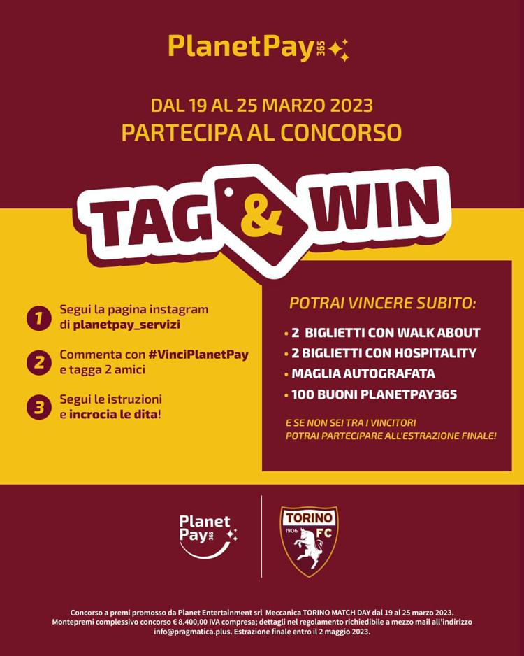 PlanetPay365 insieme con il Torino FC: live fino al 25 marzo il concorso 