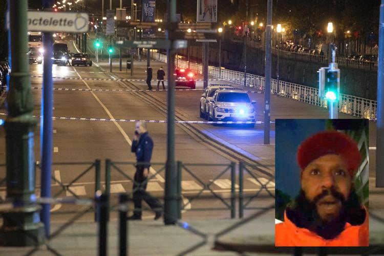 Bruxelles, il luogo della sparatoria. Nel riquadro, l'autore dell'attacco che in un video rivendica l'appartenenza all'Isis - Afp