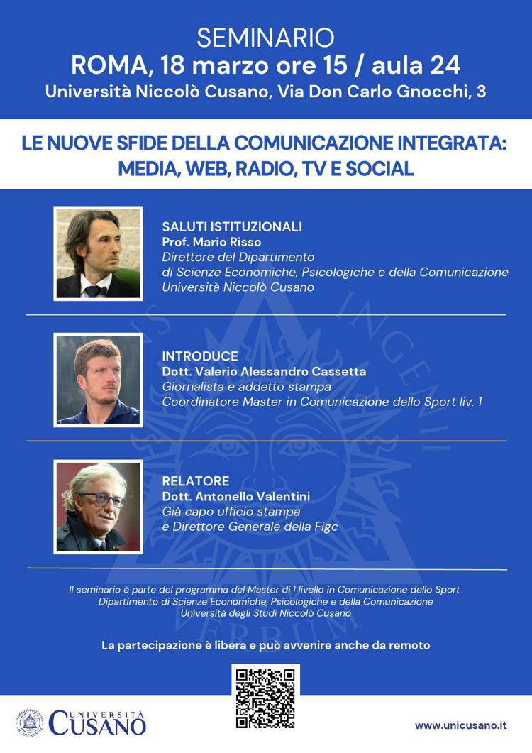 Università Cusano, il 18 marzo il seminario sulla “Comunicazione integrata” con Valentini e Risso.