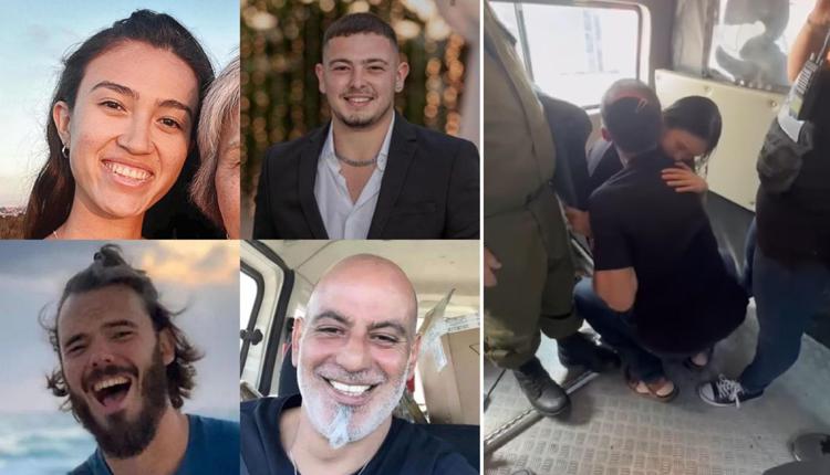 I quattro ostaggi di Hamas liberati oggi dalle Idf e, a destra, l'abbraccio tra Noa Argamani e il papà nelle immagini pubblicate dall'account Instagram standwithus 