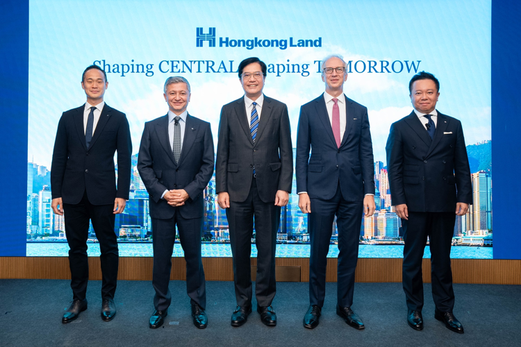 Hongkong Land today unveils a transformation plan to further elevate its Central Portfolio, cementing Hong Kong’s status as a world-class premier destination for retail and business. (From left to right) Alexander Li, Chief Retail Officer, Commercial Property, Hong Kong & Macau, Hongkong Land; Michael Smith, Chief Executive, Hongkong Land; Michael Wong, GBS, JP, Deputy Financial Secretary; John Witt, Group Managing Director, Jardine Matheson; and Alvin Kong, Executive Director, Hongkong Land, attend the announcement event