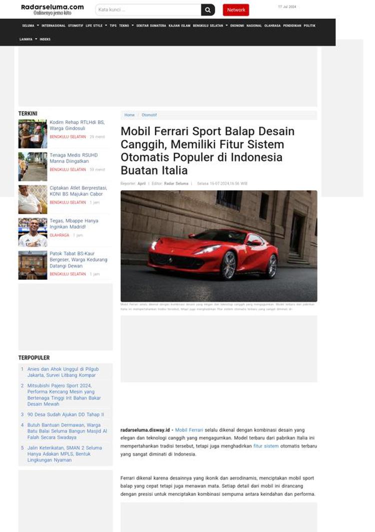 Indonesia: Ferrari lancia nuovo modello con tecnologia avanzata