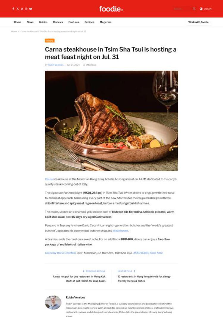 Hong Kong: Carna steakhouse celebra la cucina toscana con una serata dedicata alle bistecche italiane
