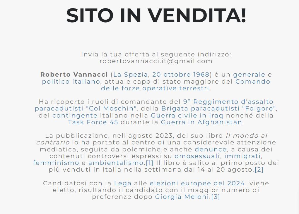 Roberto Vannacci - il suo sito in vendita: in home page spunta richiesta offerte