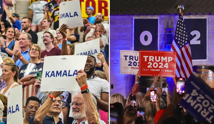 Cartelli nei comizi di Kamala Harris e Donald Trump - Fotogramma /Ipa