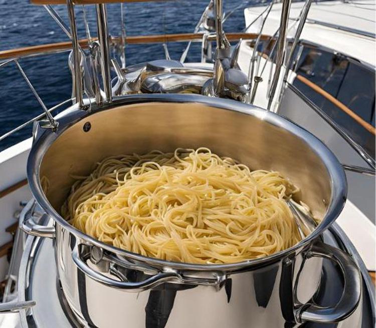 Una pentola di pasta cotta in barca