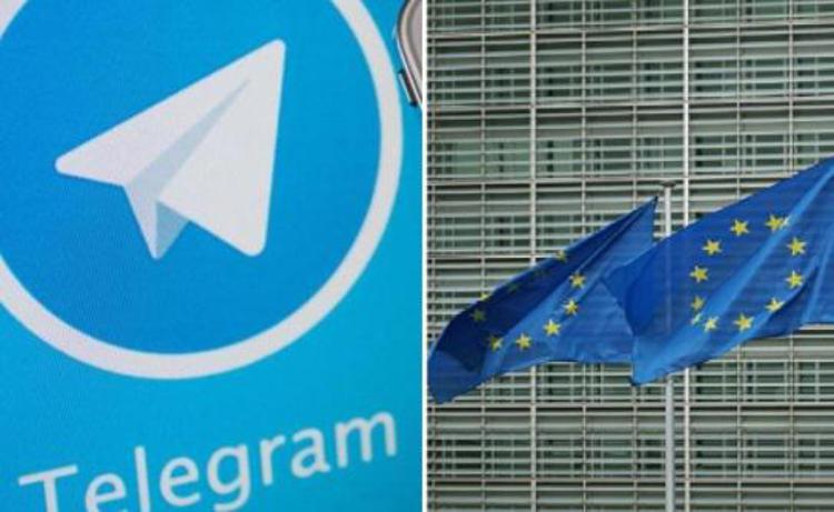 Il logo di Telegram e bandiere Ue