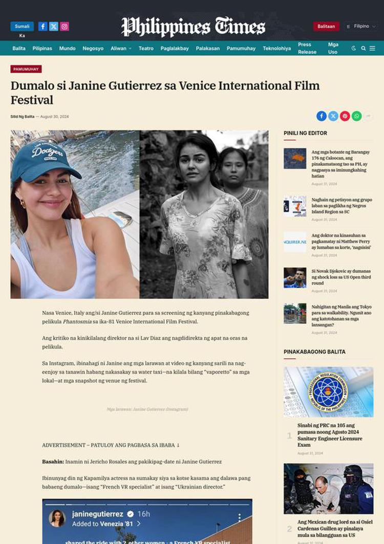 Philippines: Janine Gutierrez Presents Her Film at the Venice Film Festival