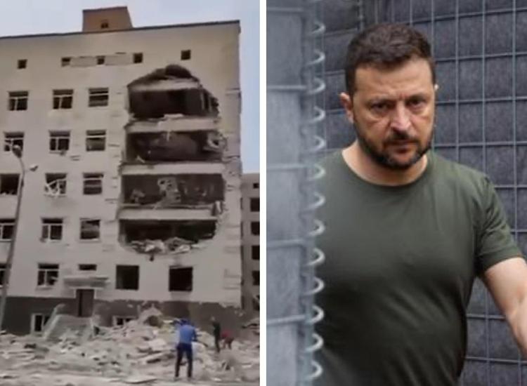 L'edificio colpito a Poltava e Volodymyr Zelensky