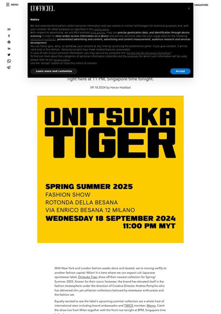 Singapore: Onitsuka Tiger presenta la sua collezione a Milano sotto la direzione di Andrea Pompilio