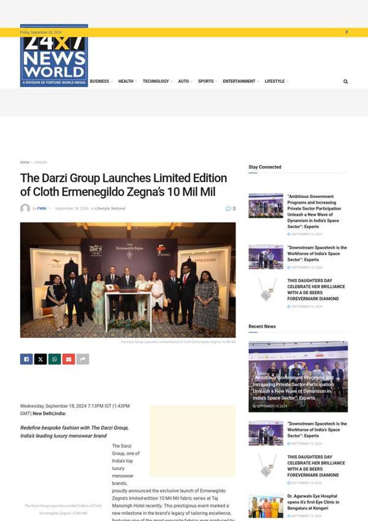 India: The Darzi Group lancia il tessuto esclusivo 10 Mil Mil di Ermenegildo Zegna