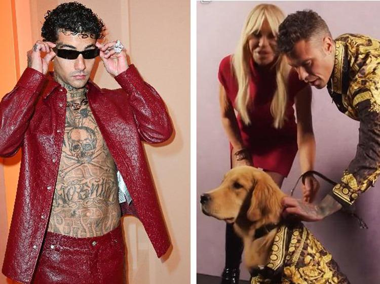 Tony Effe in Gucci e Fedez con Donatella Versace  e il cane Silvio in look matchy