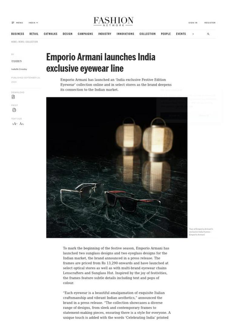 India: Emporio Armani lancia una collezione esclusiva di occhiali per il mercato indiano