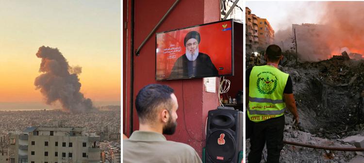 Colonna di fumo a Beirut; Nasrallah in un'immagine televisiva di repertorio; il cratere provocato dal raid di Israele