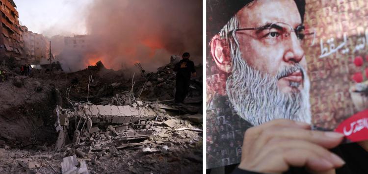 Il leader di Hazbollah Nasrallah e macerie a Beirut dopo il raid - Afp