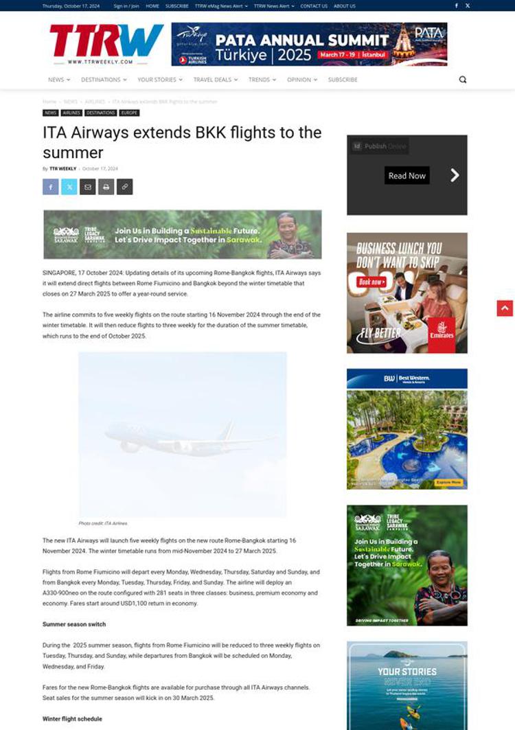 Thailand: ITA Airways launches direct flights Rome-Bangkok all year round