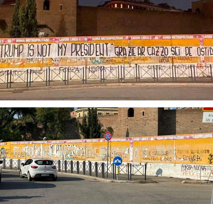 Prima e dopo la rimozione dello striscione 'Trump is not my president' a Roma