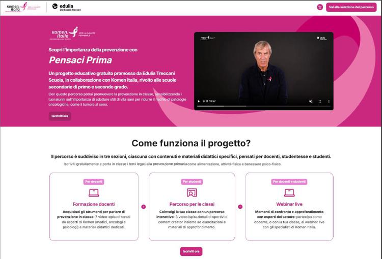Prevenzione a scuola, progetto digitale 'Pensaci prima' di Komen Italia-Treccani