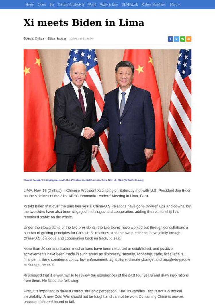 Cina: Xi Jinping e Biden si incontrano a Lima per discutere le relazioni bilaterali