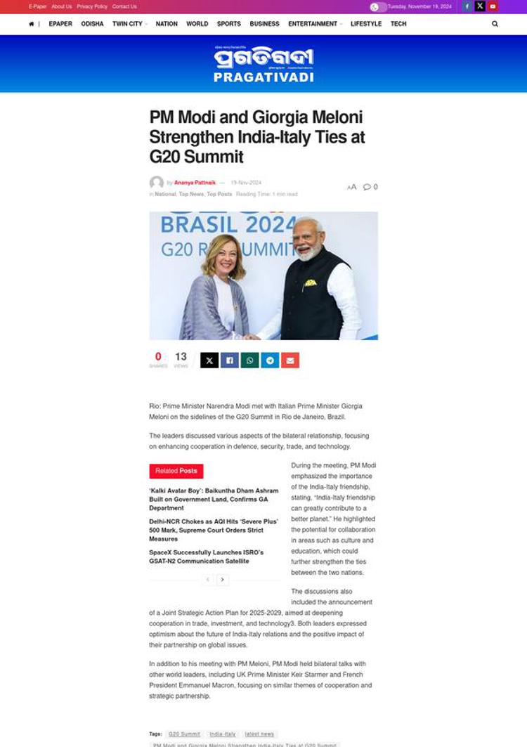 India: Modi, Meloni Strengthen India-Italy Ties at G20 in Rio