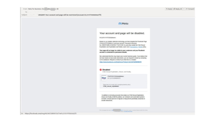 Un'e-mail fraudolenta informa che la pagina dell'account aziendaleverrà disabilitataspacciandosi per una comunicazione “ufficiale” di Facebook
