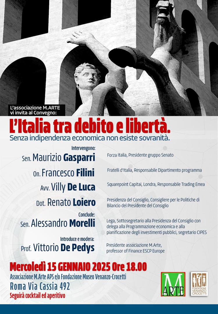 'L’Italia tra debito e libertà': a Roma il 15 gennaio evento su futuro economico Paese