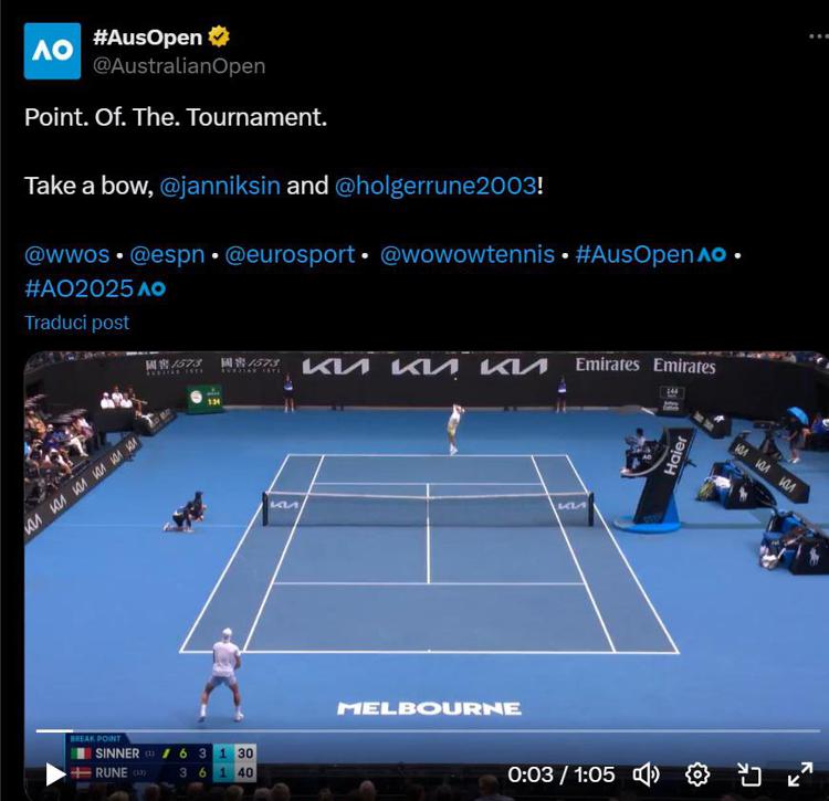 X celebra Sinner, il punto del torneo secondo l'account degli Australian Open è quello contro Rune - Il video