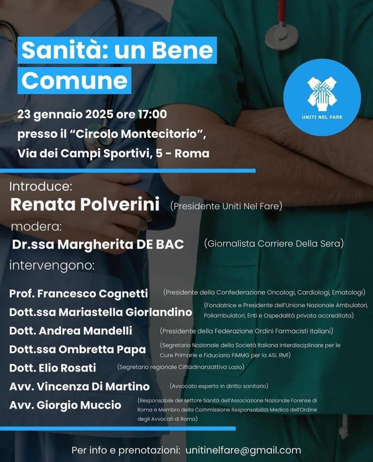 Sanità: è 'un bene comune', domani evento a Roma dell'Associazione 'Uniti nel fare'