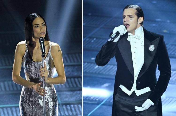 Elodie e Achille Lauro sul palco della prima serata di Sanremo (Fotogramma/Ipa)