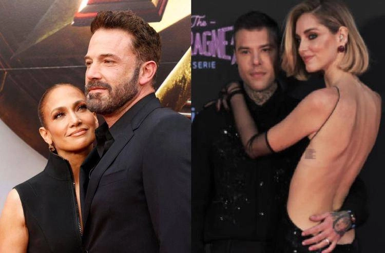 Jennifer Lopez con Ben Affleck e Fedez con Chiara Ferragni - Afp