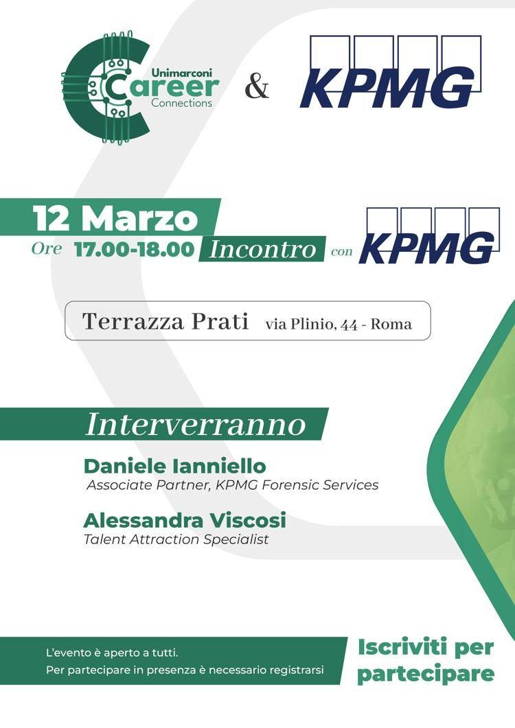 UniMarconi, 12 marzo nuovo appuntamento 'Career Connections' con Kpmg